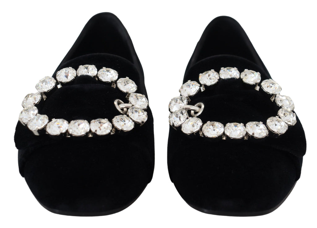 Dolce & Gabbana Schwarz Samt Kristalle Loafers Flats Schuhe
