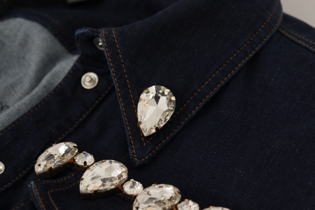 Dolce & Gabbana Blaue Denim Jacke aus Baumwolle mit Kristallverzierung