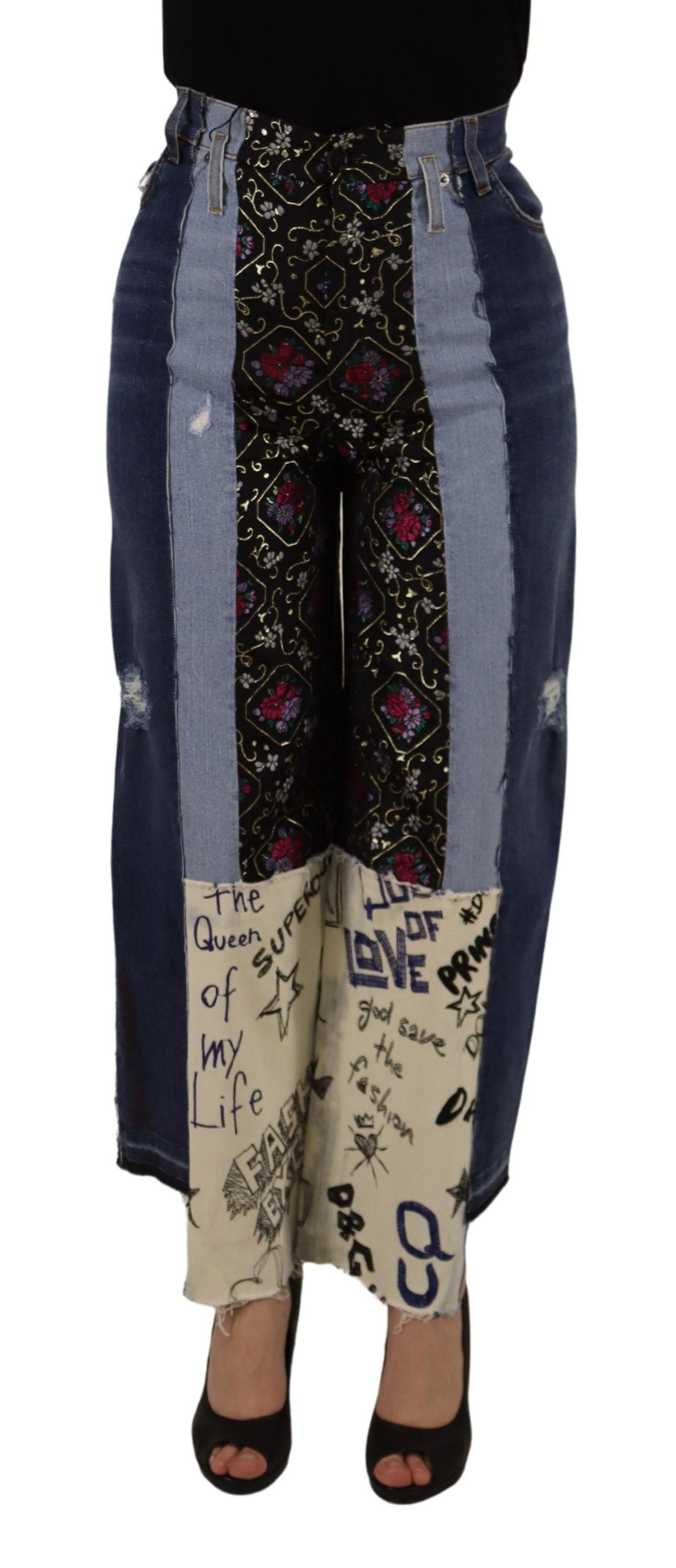 Dolce & Gabbana Multicolor Patchwork DG Mode Weites Bein Denim Hose