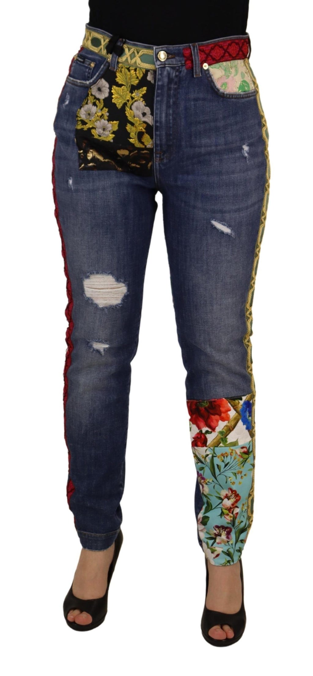 Dolce & Gabbana Blaue Patchwork-Denim-Jeans mit hoher Taille