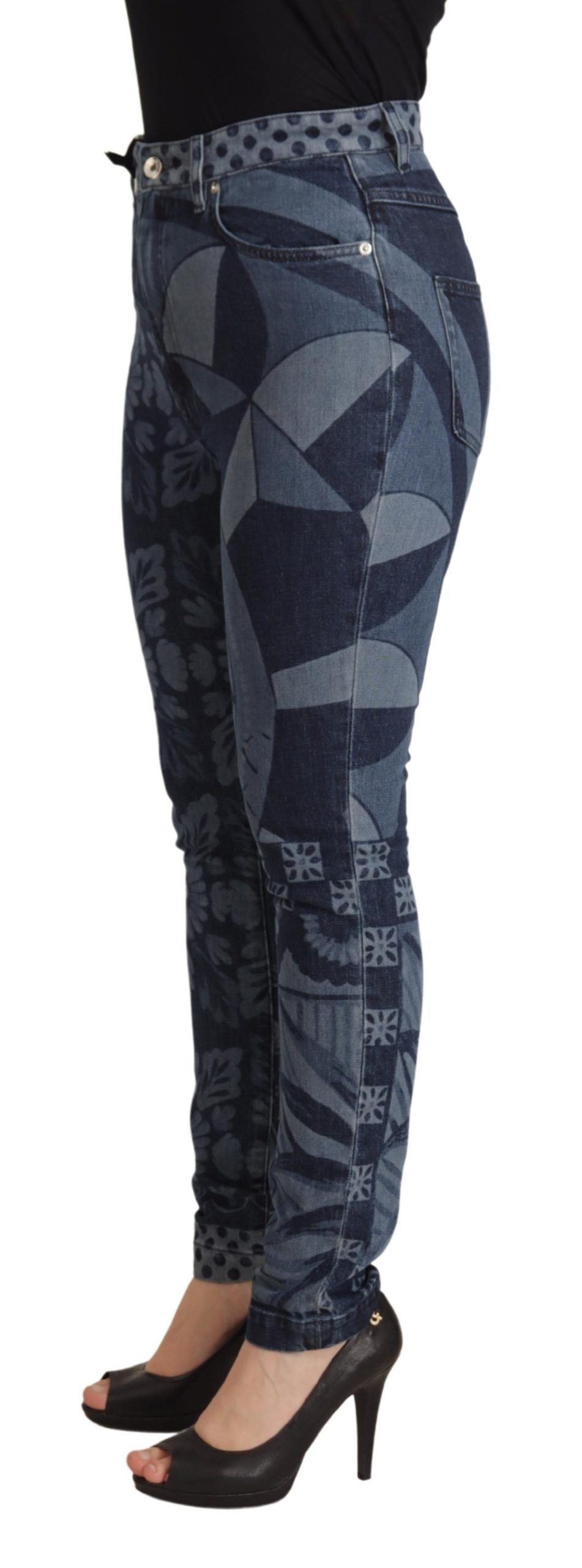 Dolce & Gabbana Blaue, geblümte Skinny-Jeans mit hoher Taille