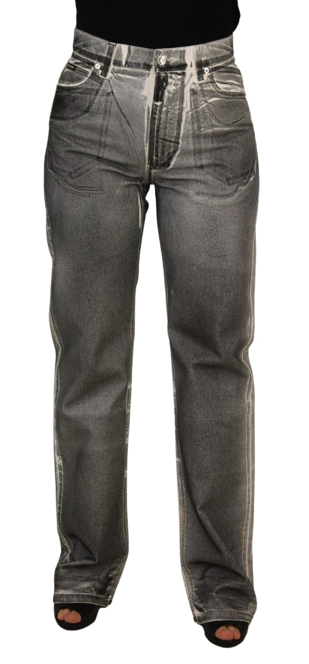 Dolce & Gabbana Graue gewaschene Denim-Hose mit hoher Taille Baumwolljeans