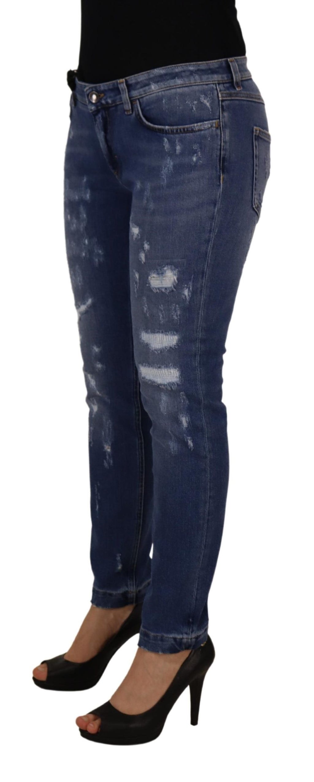 Dolce & Gabbana Blaue gewaschene Baumwoll-Skinny-Jeans mit niedriger Taille aus Denim