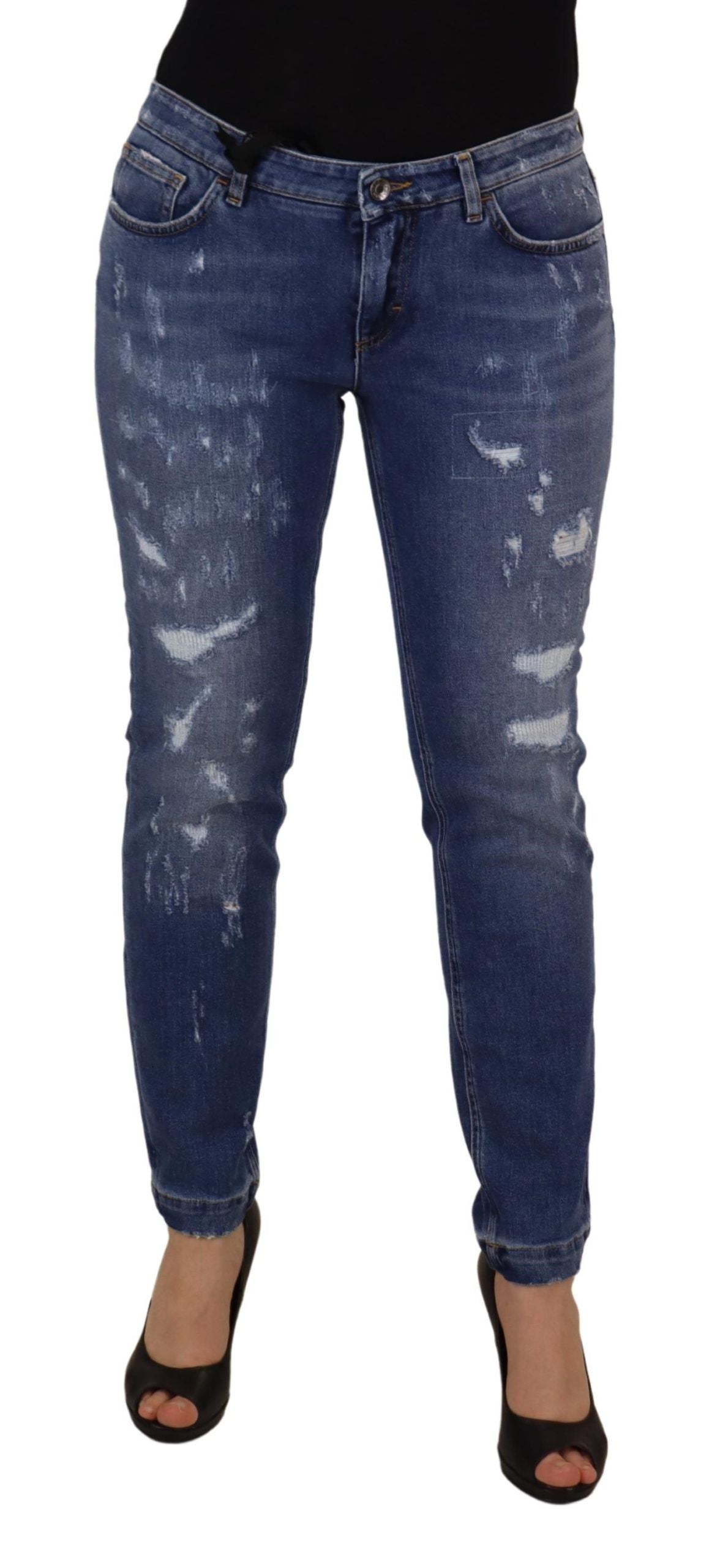 Dolce & Gabbana Blaue gewaschene Baumwoll-Skinny-Jeans mit niedriger Taille aus Denim
