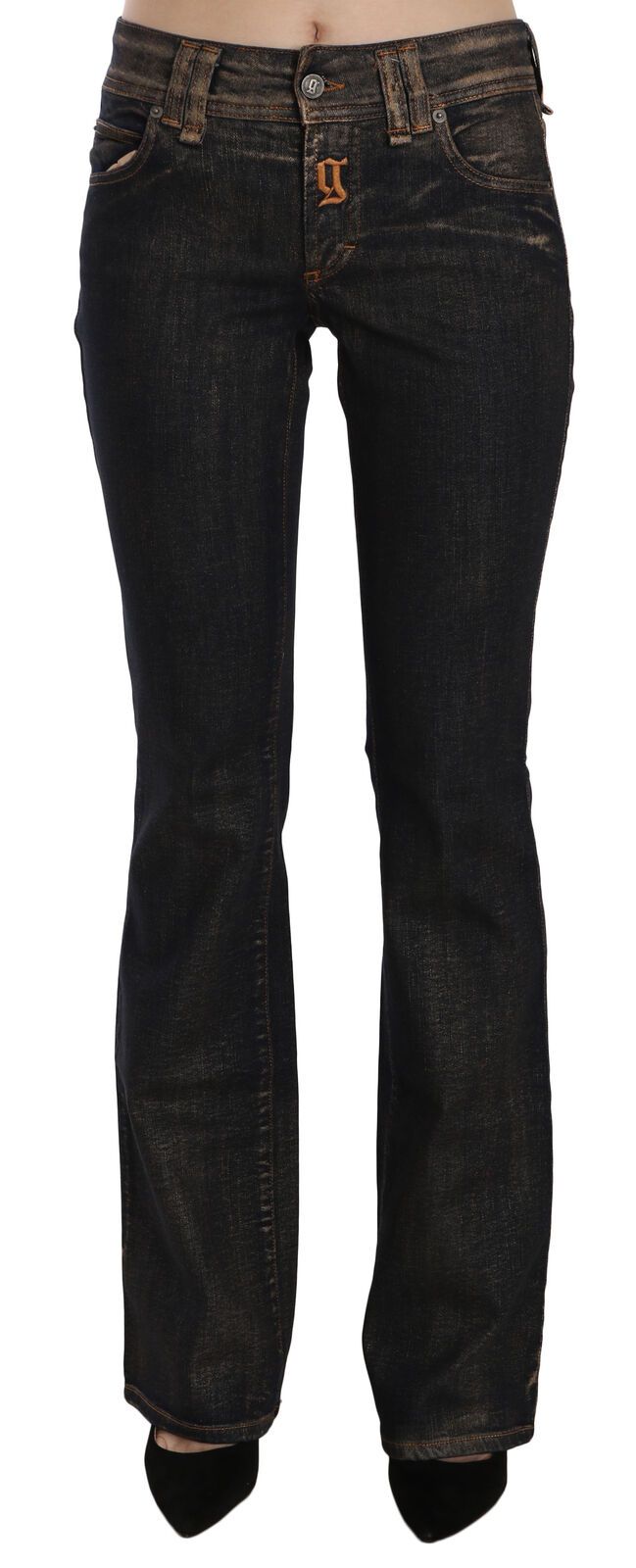 John Galliano Schwarze gewaschene Denim-Hose mit ausgestelltem Bund aus Baumwolle