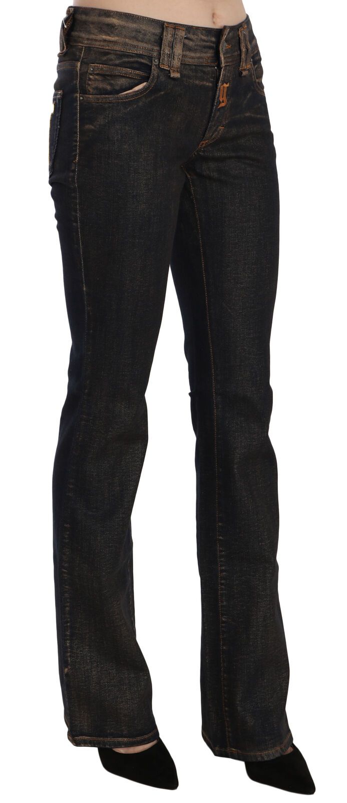 John Galliano Schwarze gewaschene Denim-Hose mit ausgestelltem Bund aus Baumwolle