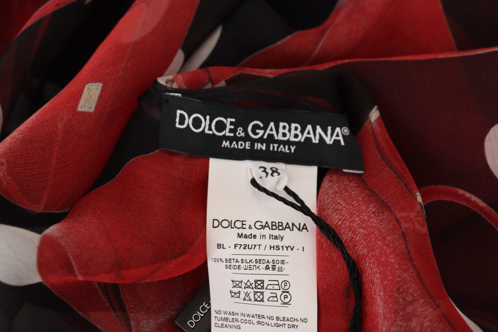Dolce & Gabbana Schwarz Rot Sizilien Tasche Seidenhemd Top Bluse