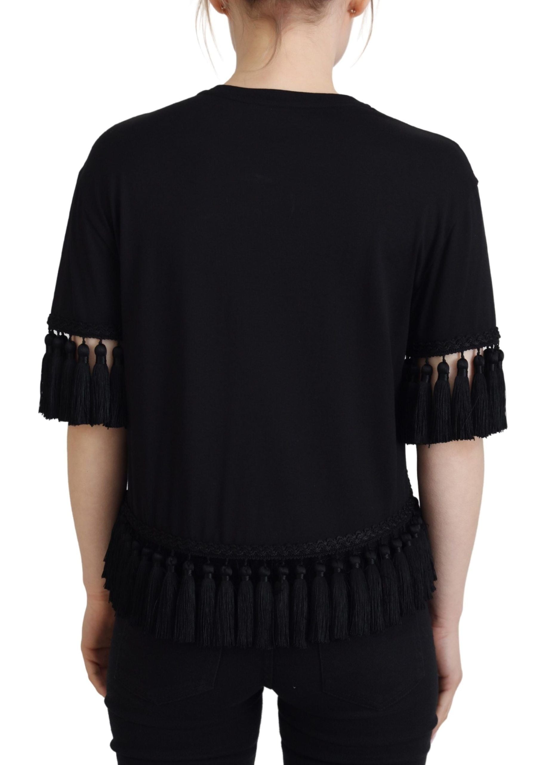 Dolce & Gabbana Schwarzes T-Shirt Bluse Tassle Baumwolle Bluse