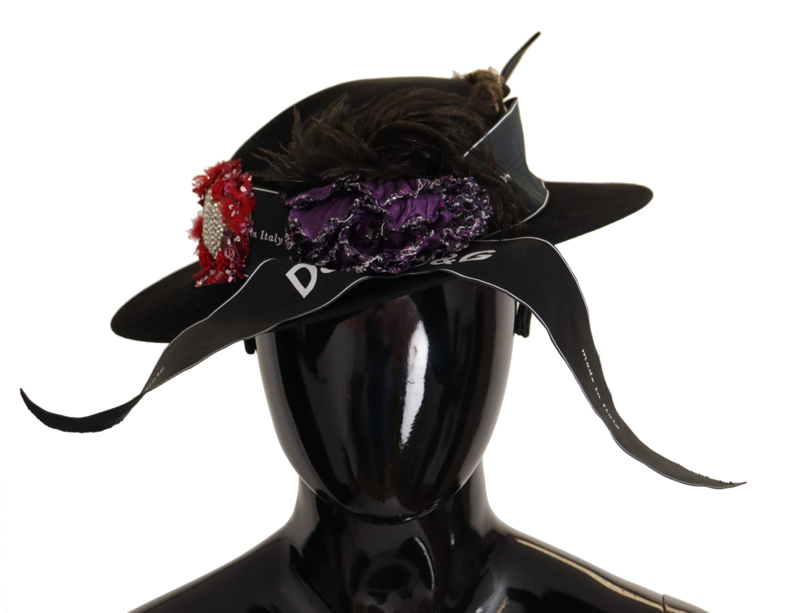 Dolce & Gabbana Schwarzer Lapil Kristall Herz Feder Brosche Fedora Hut