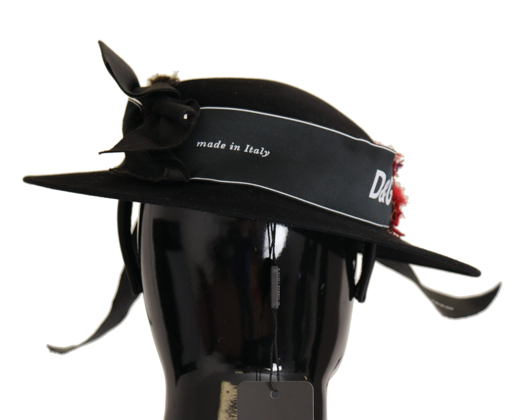 Dolce & Gabbana Schwarzer Lapil Kristall Herz Feder Brosche Fedora Hut