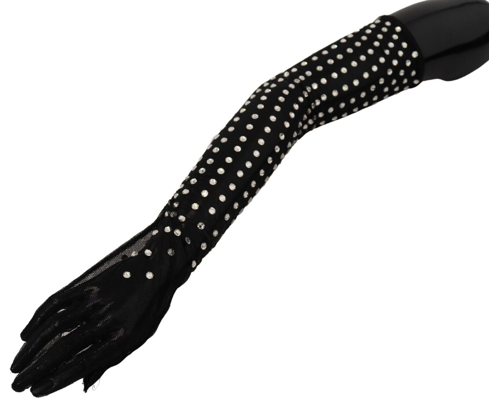 Dolce & Gabbana Schwarzer Kristall Ellenbogenlange Handschuhe aus Baumwolltulle