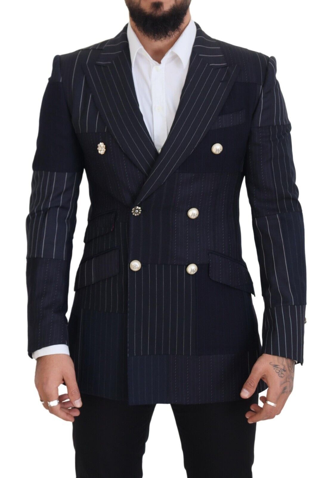 Dolce & Gabbana Blauer Woll-Patchwork-Blazer im Zweireiher