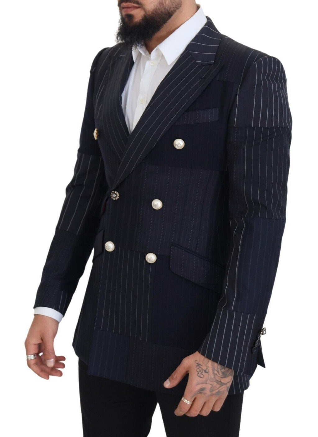 Dolce & Gabbana Blauer Woll-Patchwork-Blazer im Zweireiher