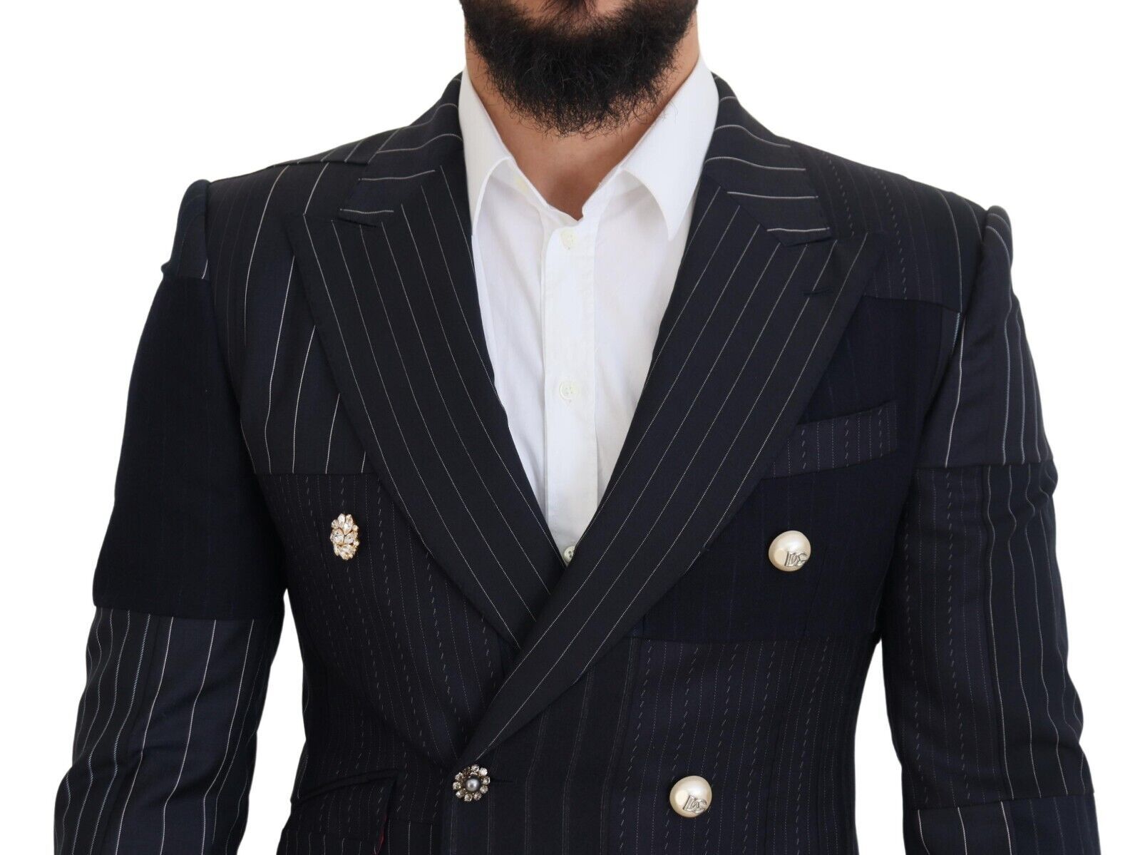 Dolce & Gabbana Blauer Woll-Patchwork-Blazer im Zweireiher
