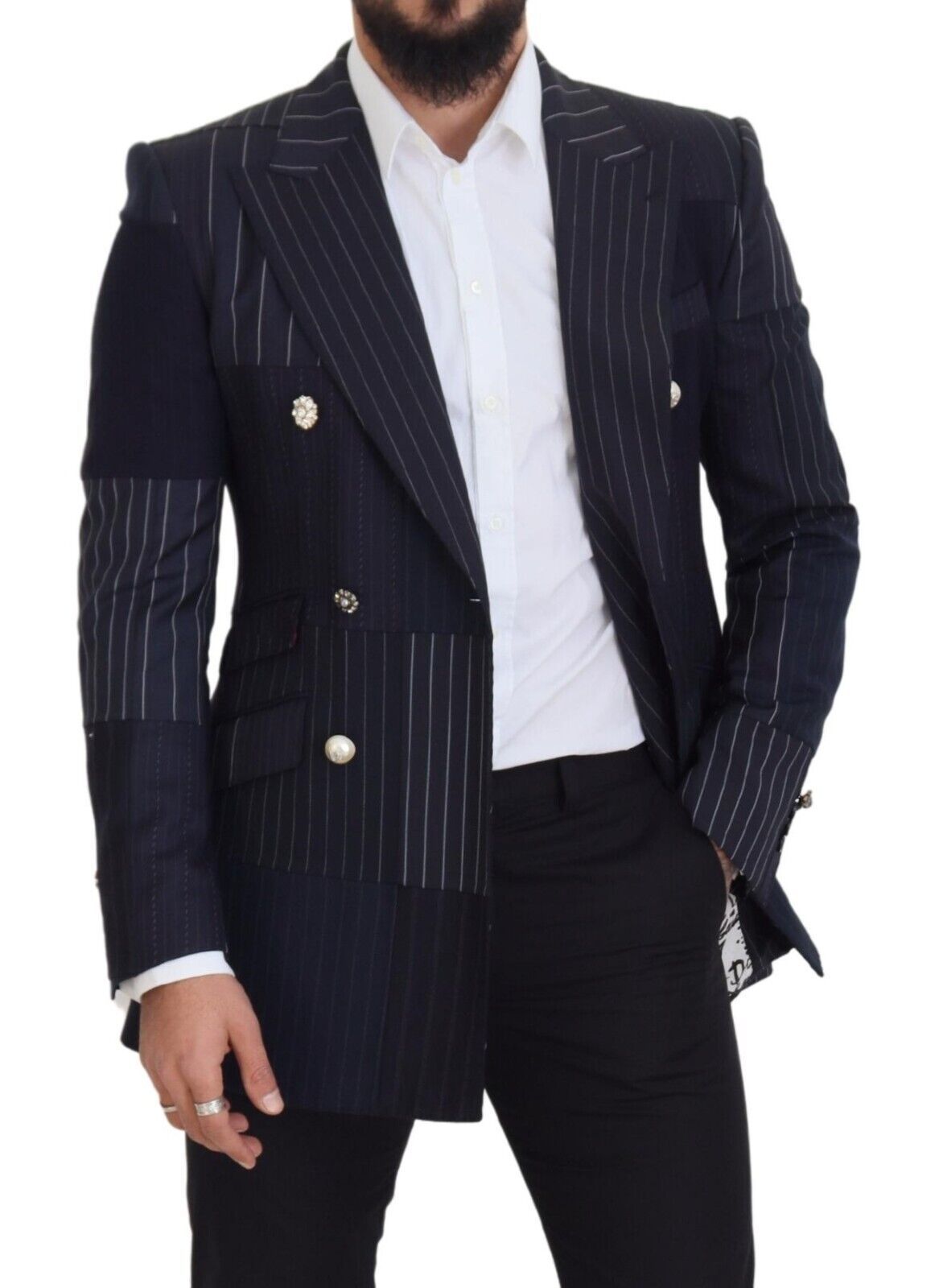 Dolce & Gabbana Blauer Woll-Patchwork-Blazer im Zweireiher