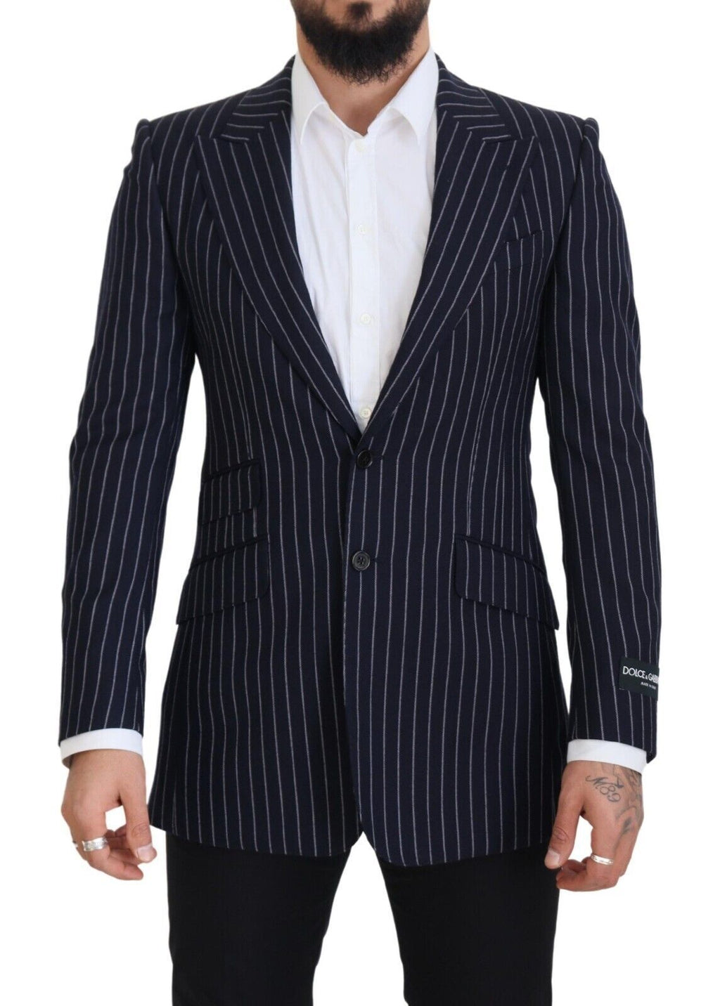 Dolce & Gabbana Dunkelblau gestreifter einreihiger Blazer aus Wolle