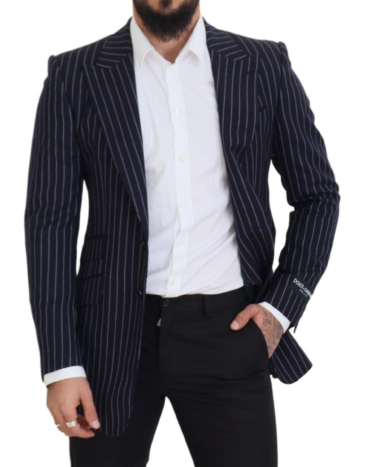 Dolce & Gabbana Dunkelblau gestreifter einreihiger Blazer aus Wolle