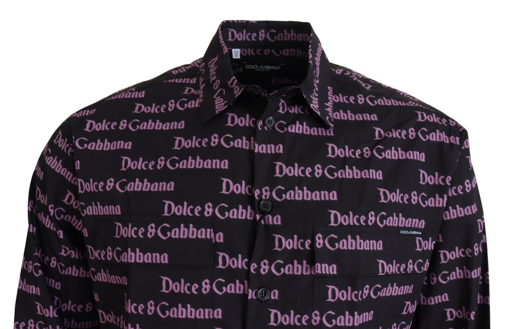 Dolce & Gabbana Schwarzes lila Logo Slim Dress Formales Hemd