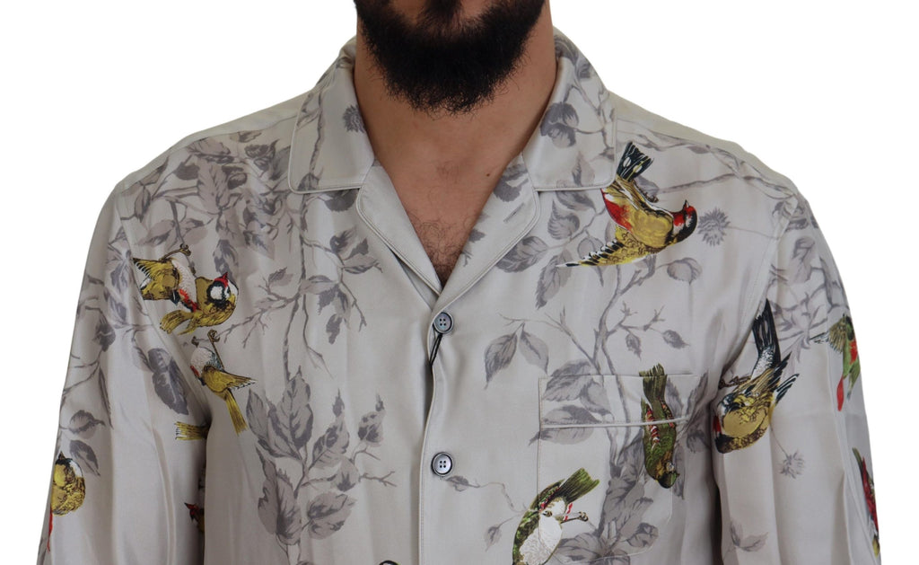 Dolce & Gabbana Weißes Seidensatinhemd mit Vogelmotiv