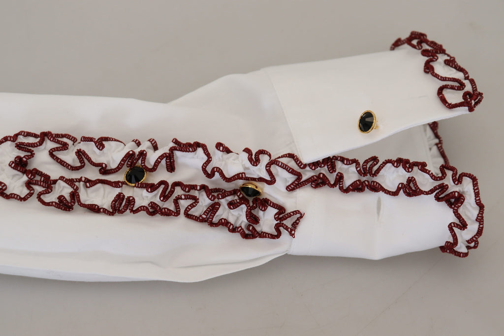 Dolce & Gabbana Weißes Spitzen-Top mit langen Ärmeln und Rüschenkragen