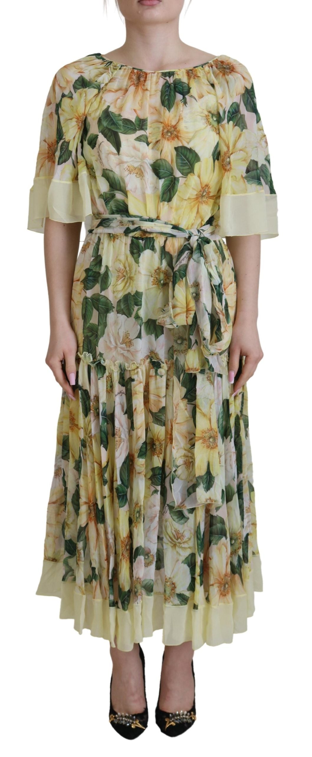 Dolce & Gabbana Gelbes Maxikleid mit Blumendruck und Plissee aus Seide
