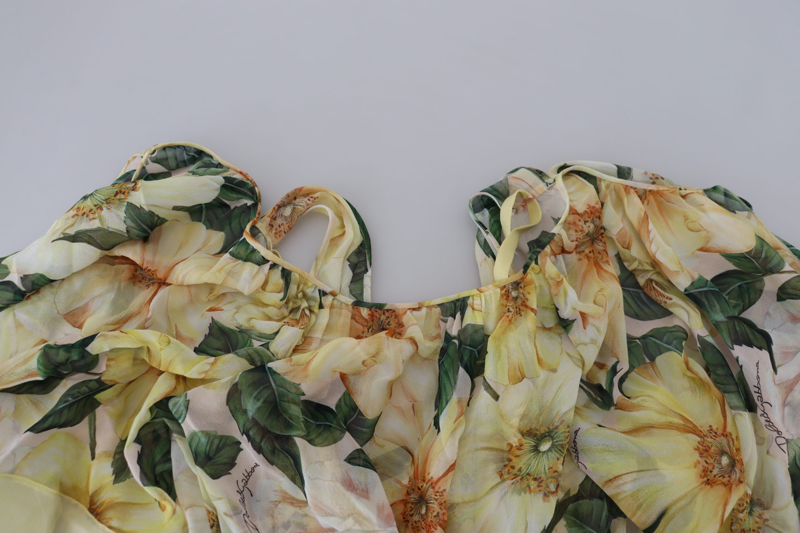 Dolce & Gabbana Gelbes Maxikleid mit Blumendruck und Plissee aus Seide