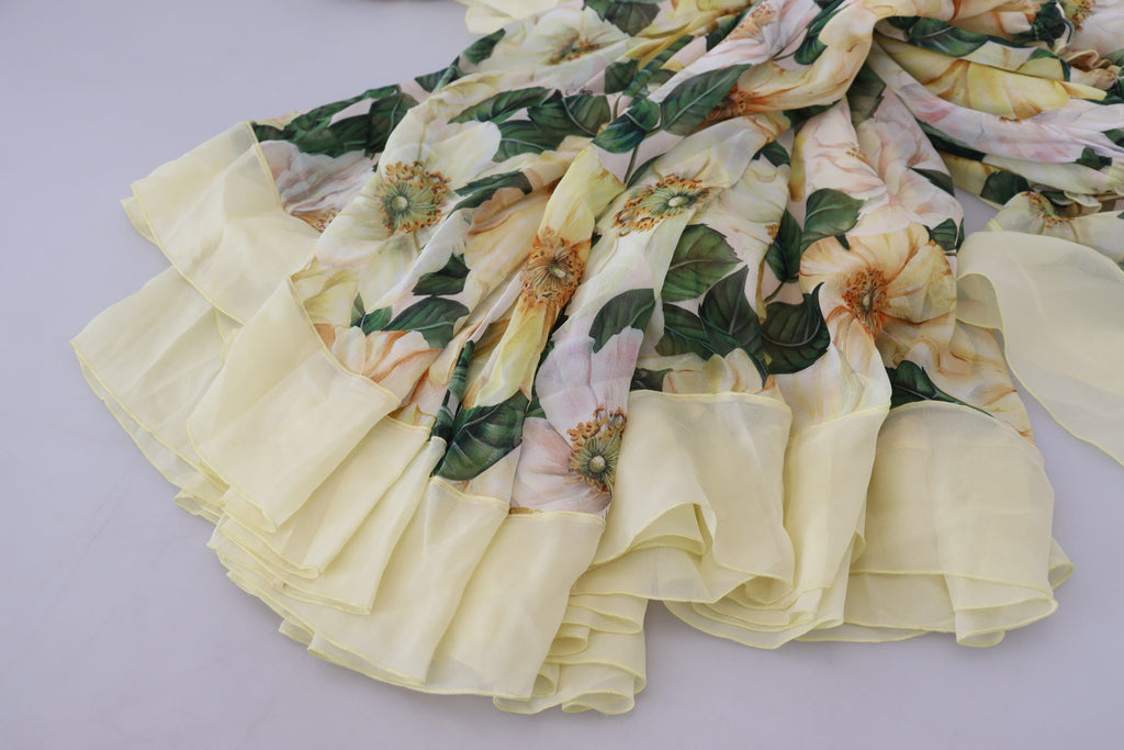 Dolce & Gabbana Gelbes Maxikleid mit Blumendruck und Plissee aus Seide