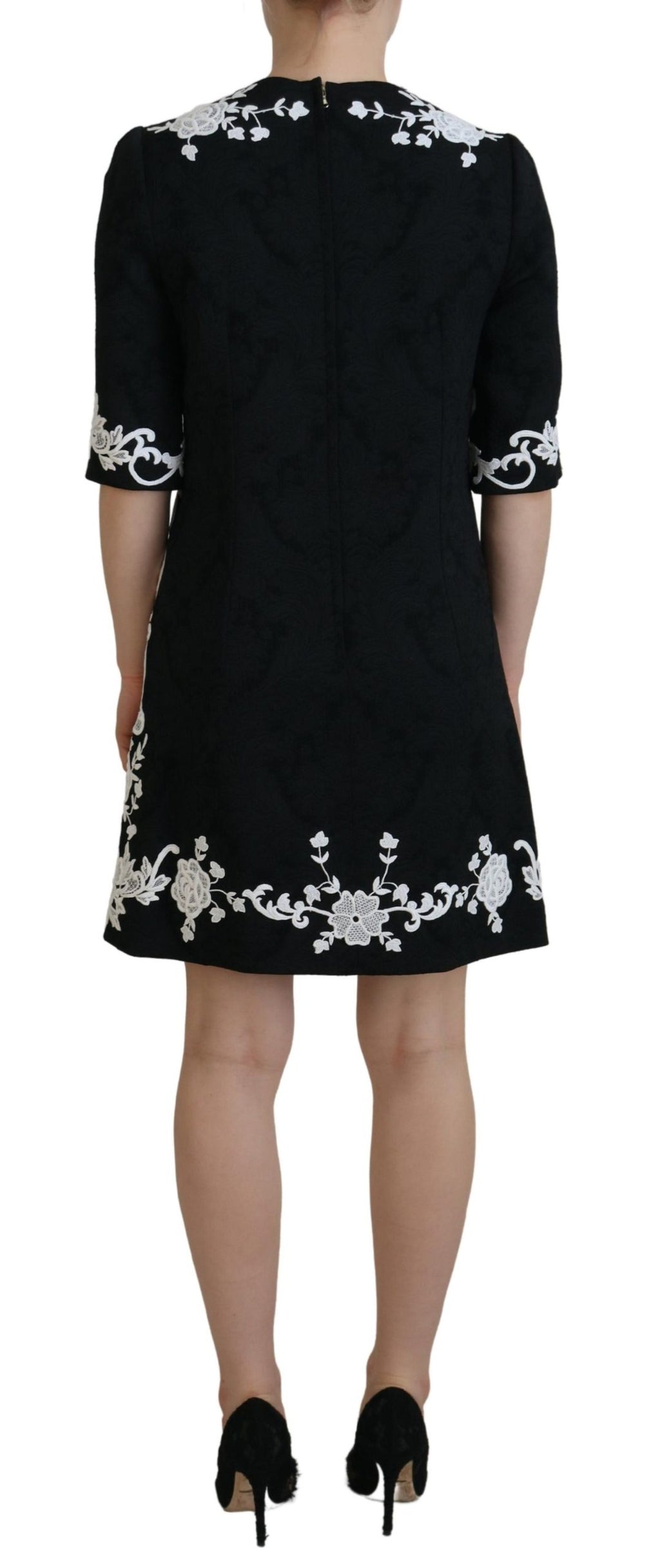 Dolce & Gabbana Schwarzes Kleid mit Spitzenbesatz und halben Ärmeln in A-Linie