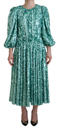 Dolce & Gabbana Blue Sequined Pleated Aline Midi Nylon Dress