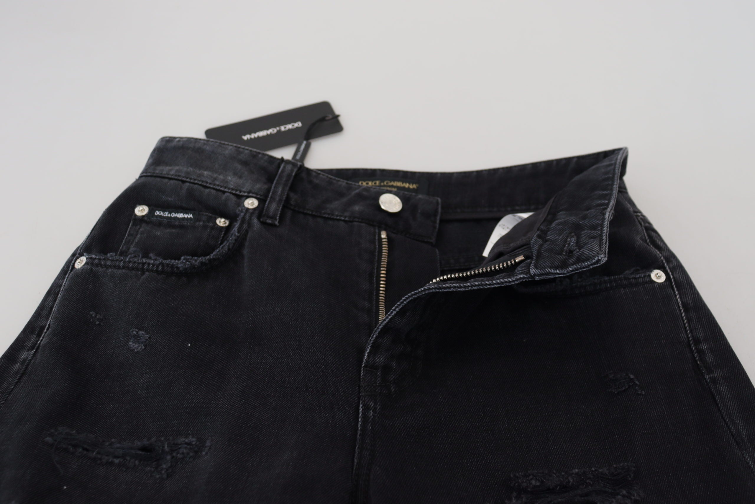 Dolce & Gabbana Schwarze zerfledderte Denim-Jeans mit hoher Taille aus Baumwolle
