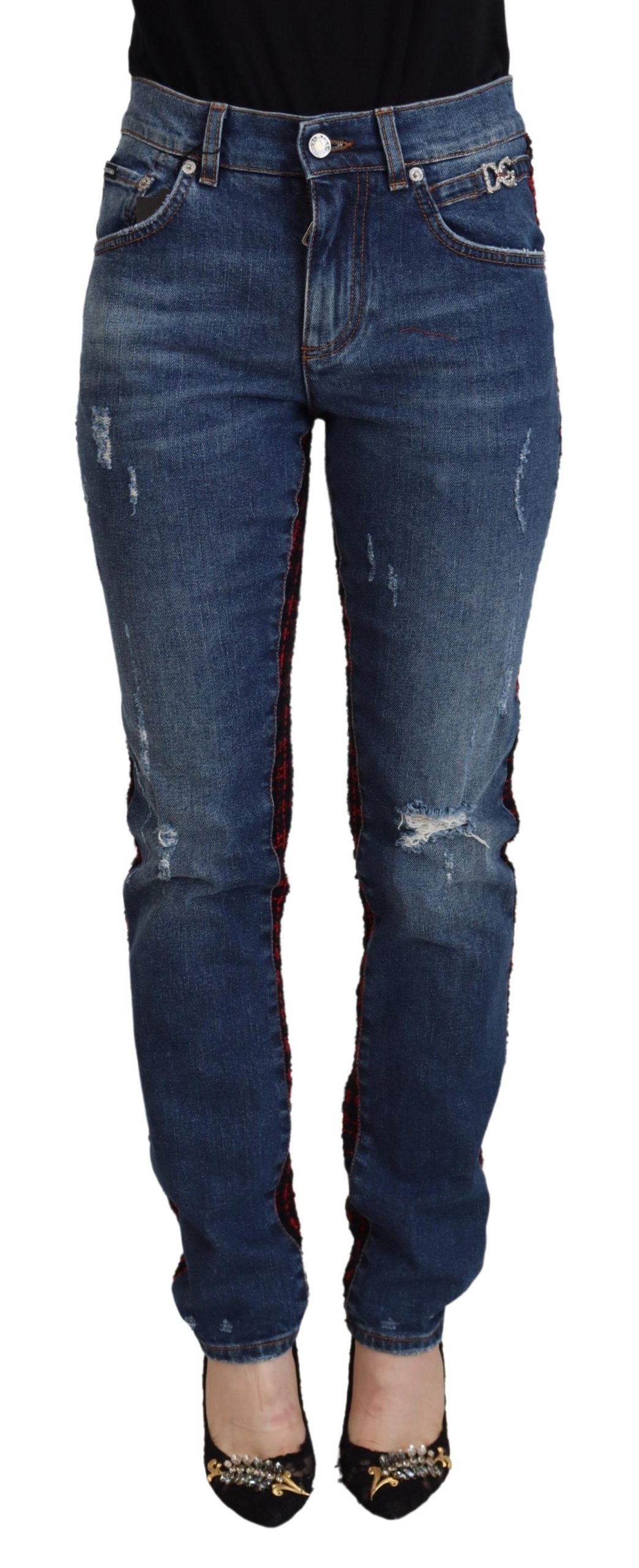 Dolce & Gabbana Blau karierte Skinny Denim Jeans