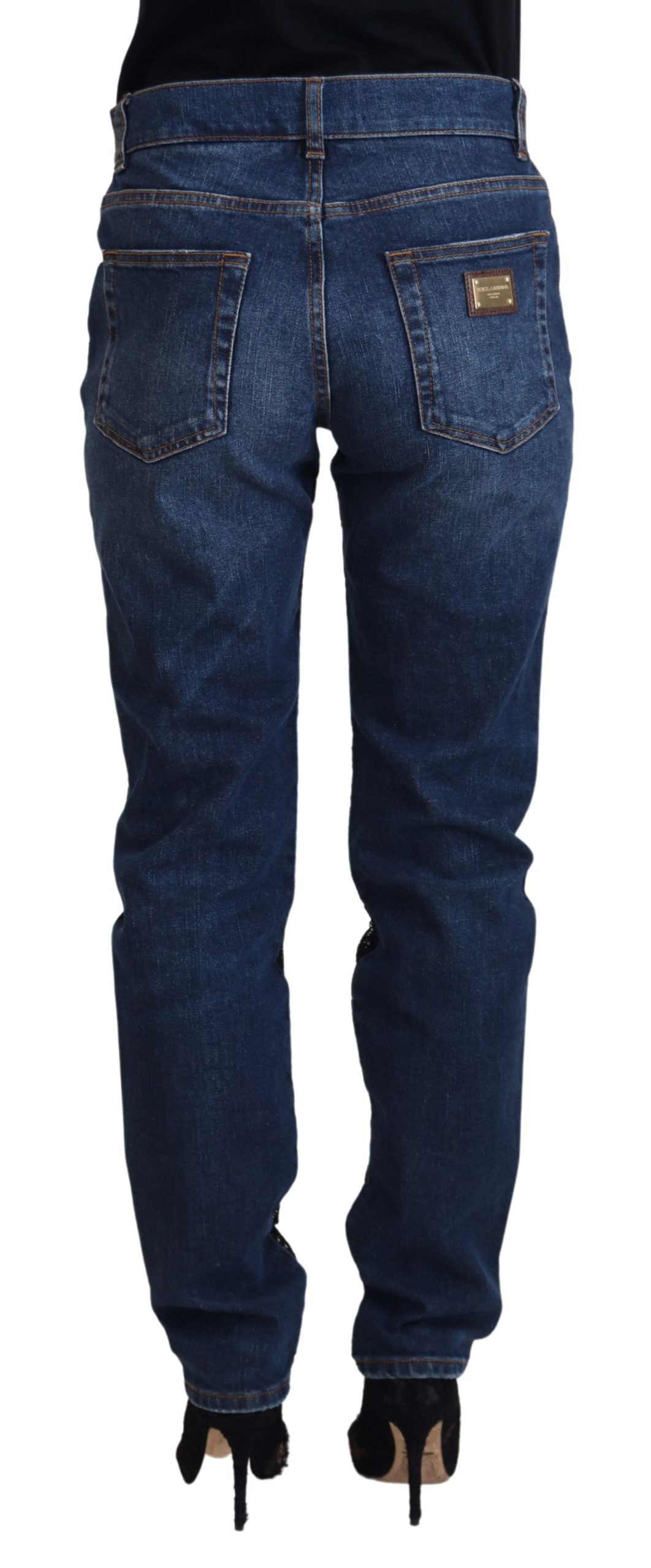 Dolce & Gabbana Schwarze florale Skinny Denim Jeans mit Spitze