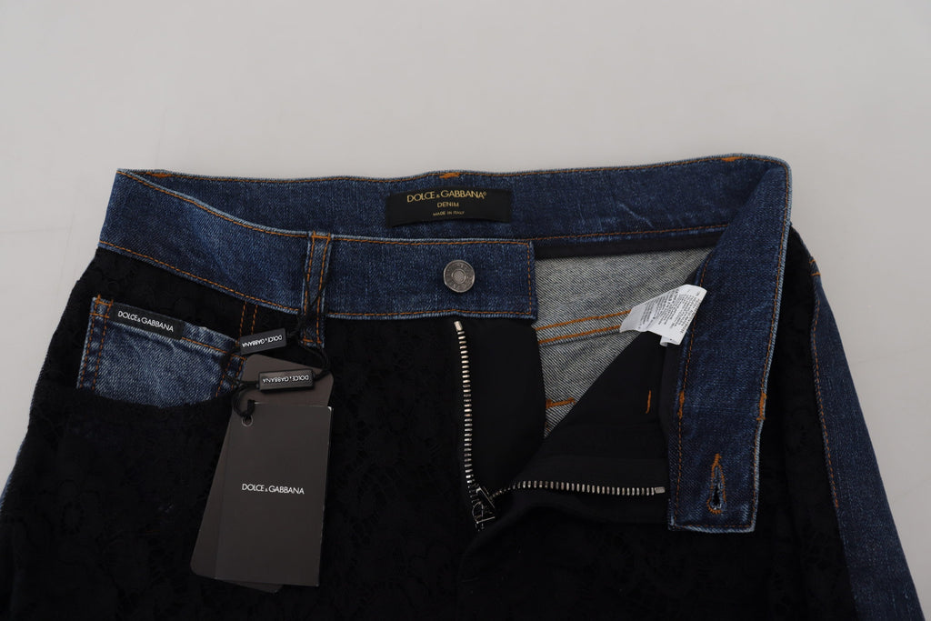 Dolce & Gabbana Schwarze florale Skinny Denim Jeans mit Spitze