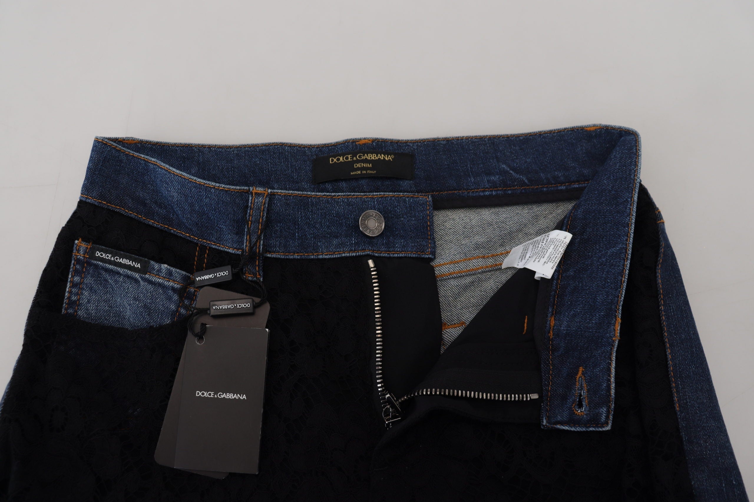 Dolce & Gabbana Schwarze florale Skinny Denim Jeans mit Spitze