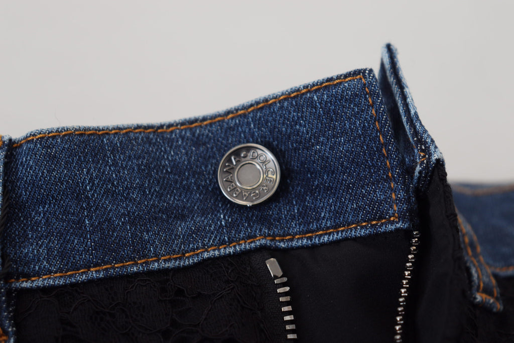 Dolce & Gabbana Schwarze florale Skinny Denim Jeans mit Spitze
