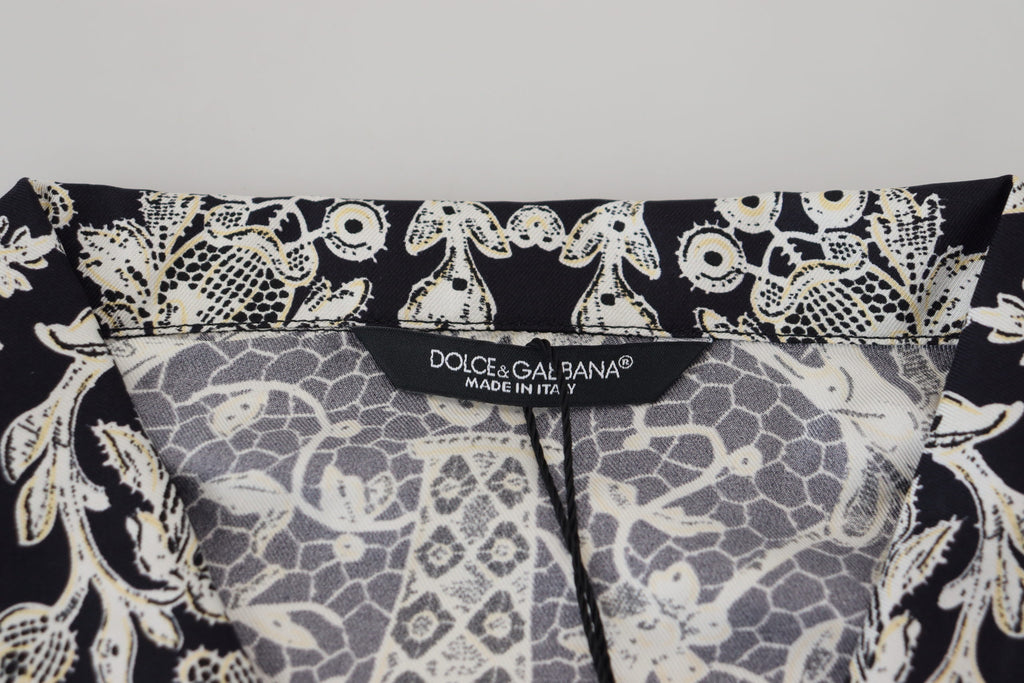 Dolce & Gabbana Blaues Seidenblumen Barock Satin Freizeithemd