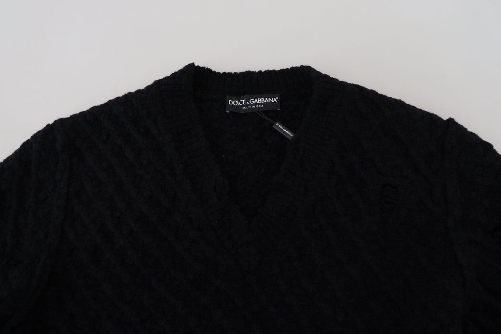 Dolce & Gabbana Schwarzer Pullover mit V-Ausschnitt aus Wolle