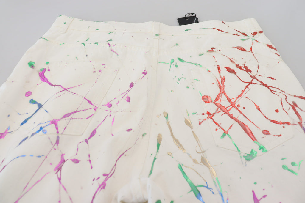 Dolce & Gabbana Weiße Denim-Hose aus Baumwolle mit Farbklecks-Druck