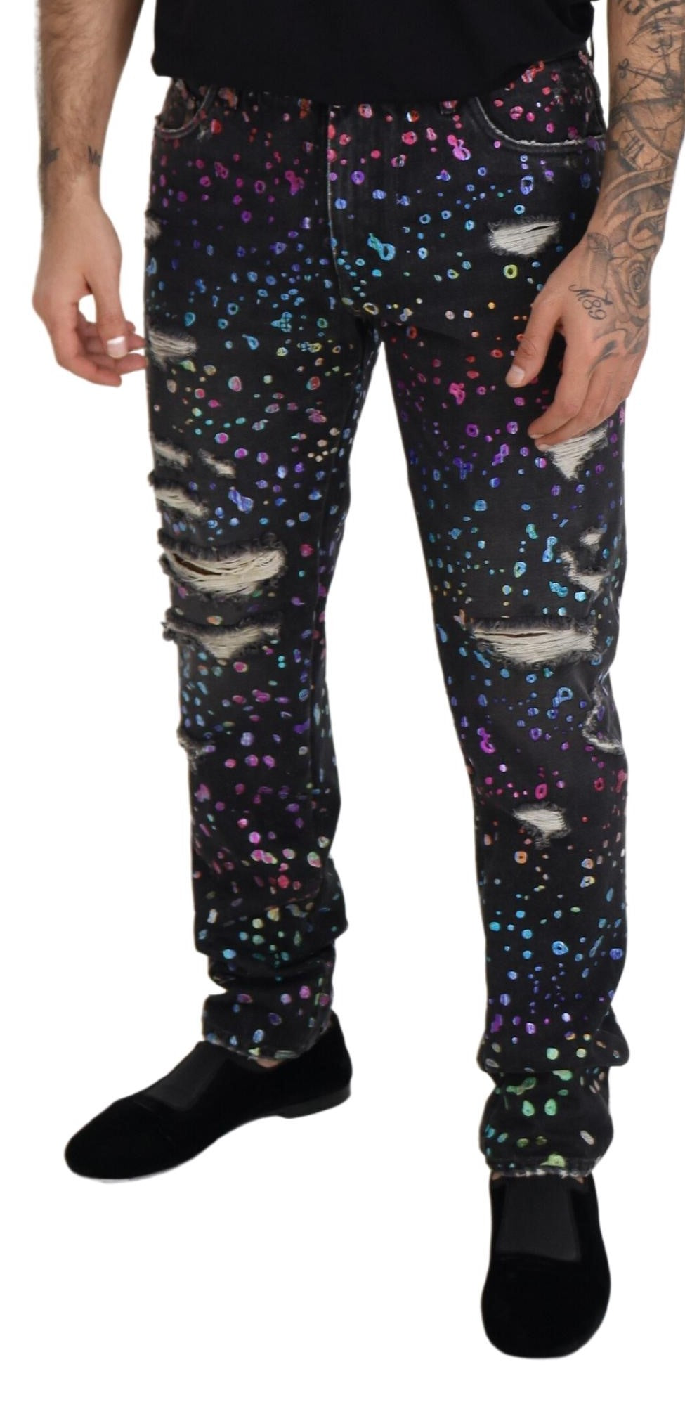 Dolce & Gabbana Schwarze Multicolor Print Zerrissene Denim Jeans