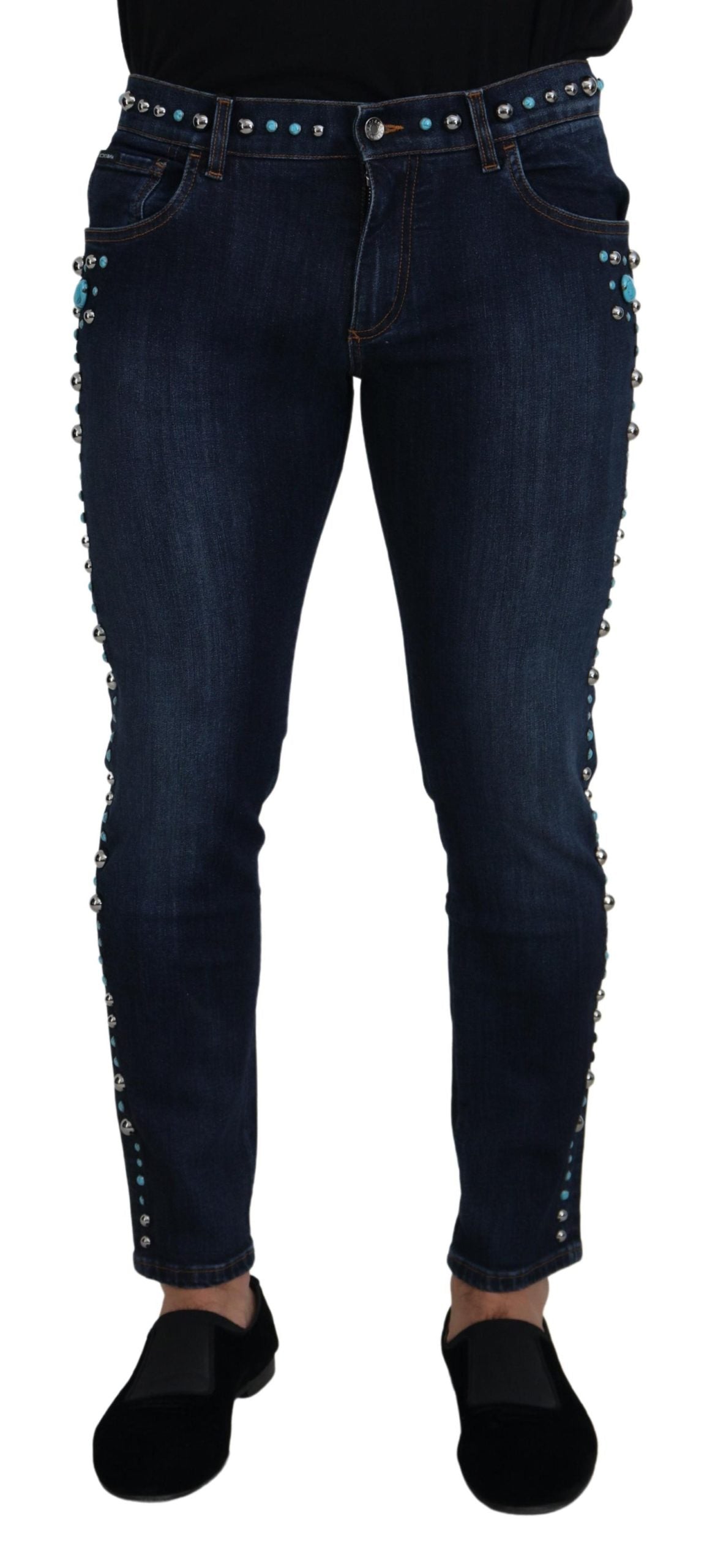 Dolce & Gabbana Blaue Baumwoll-Nieten-Denim-Jeans mit niedriger Taille