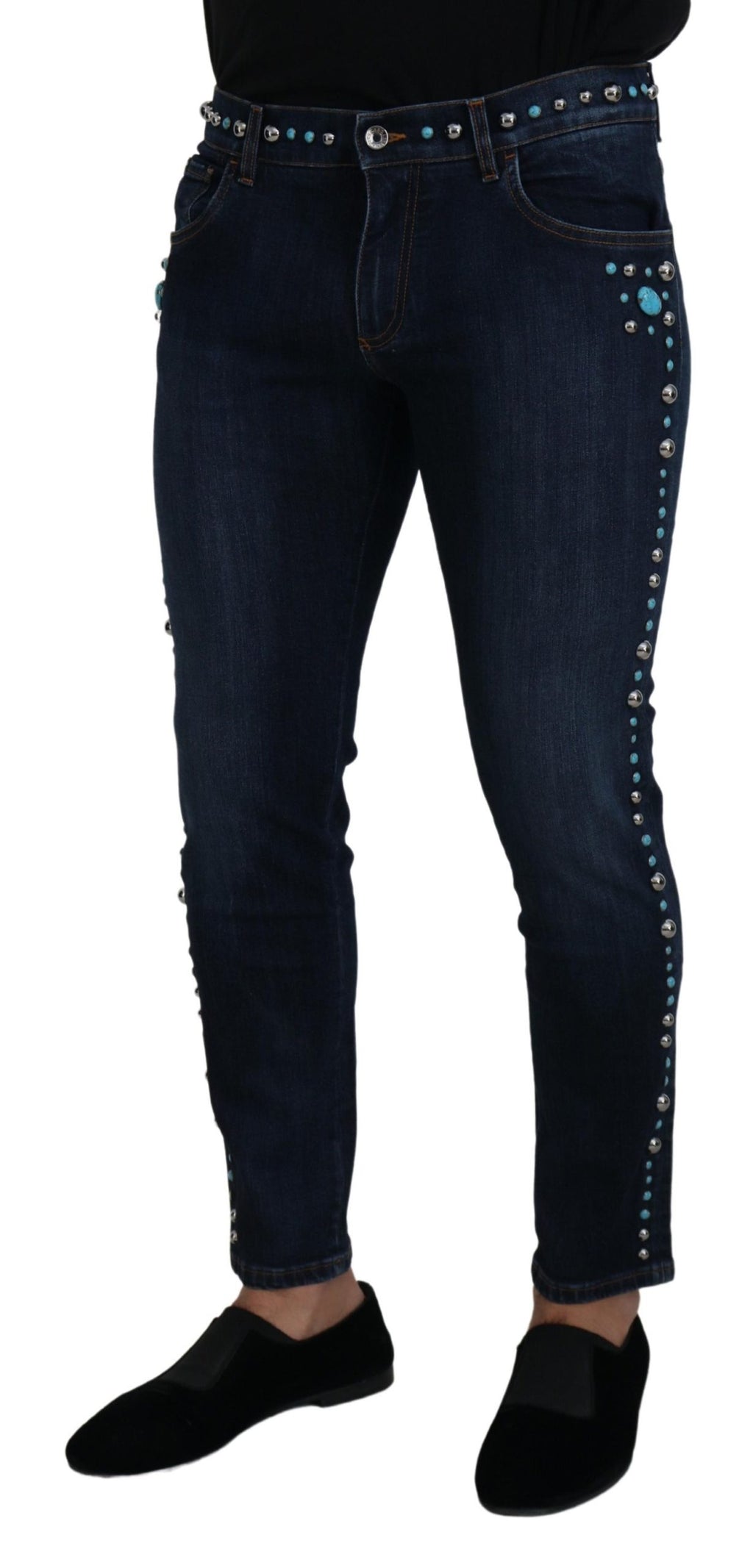 Dolce & Gabbana Blaue Baumwoll-Nieten-Denim-Jeans mit niedriger Taille