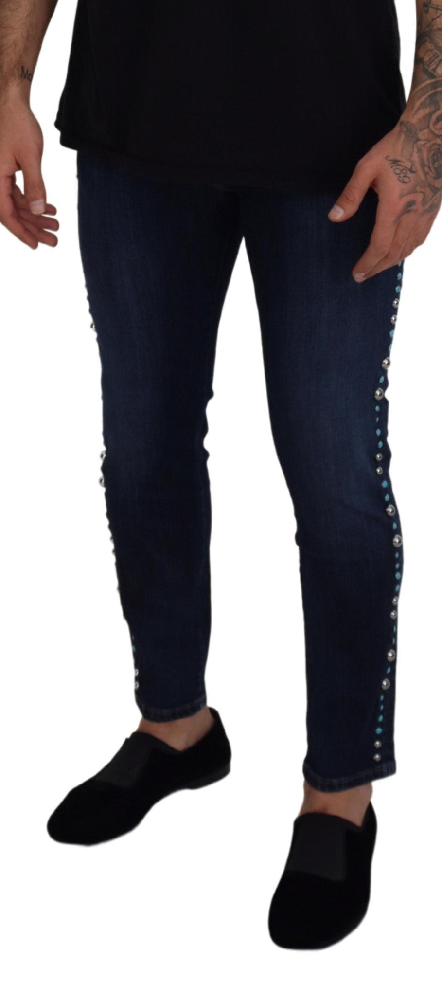 Dolce & Gabbana Blaue Baumwoll-Nieten-Denim-Jeans mit niedriger Taille