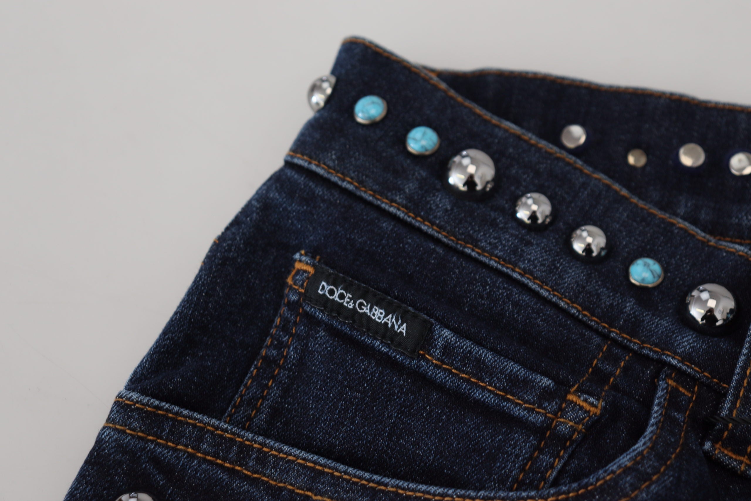 Dolce & Gabbana Blaue Baumwoll-Nieten-Denim-Jeans mit niedriger Taille