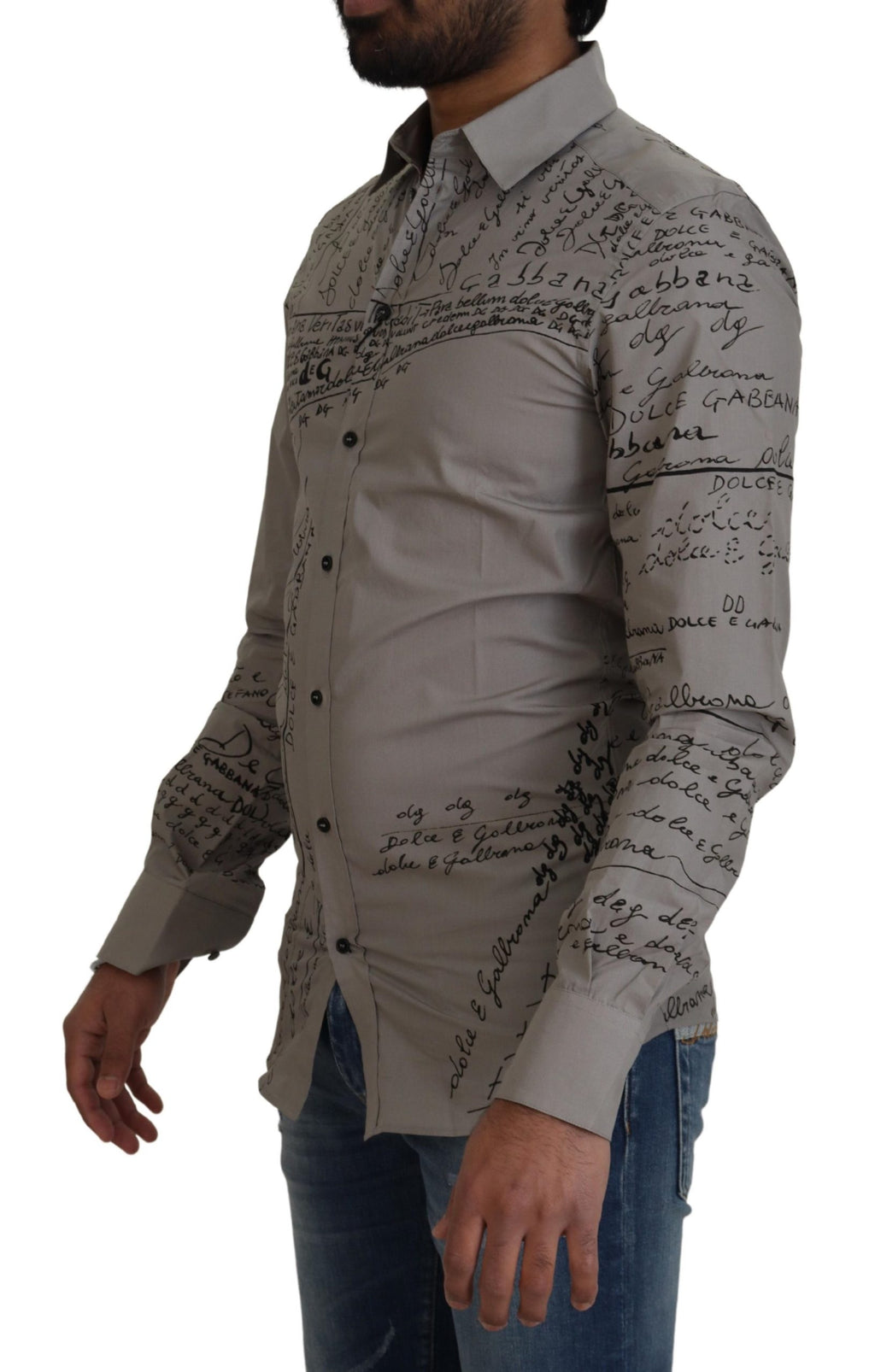 Dolce & Gabbana Graues bedrucktes schmales Baumwollhemd GOLD