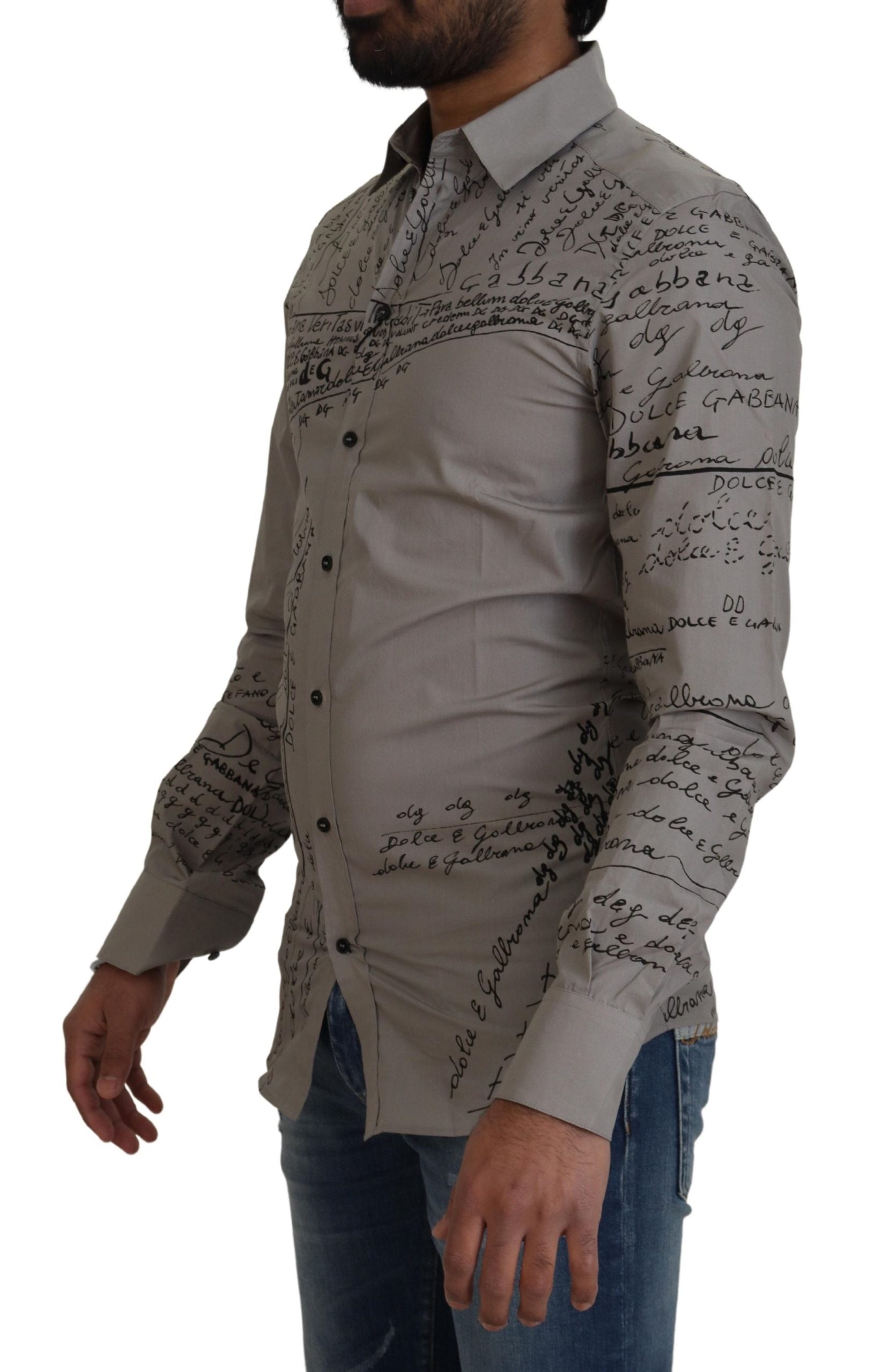 Dolce & Gabbana Graues bedrucktes schmales Baumwollhemd GOLD