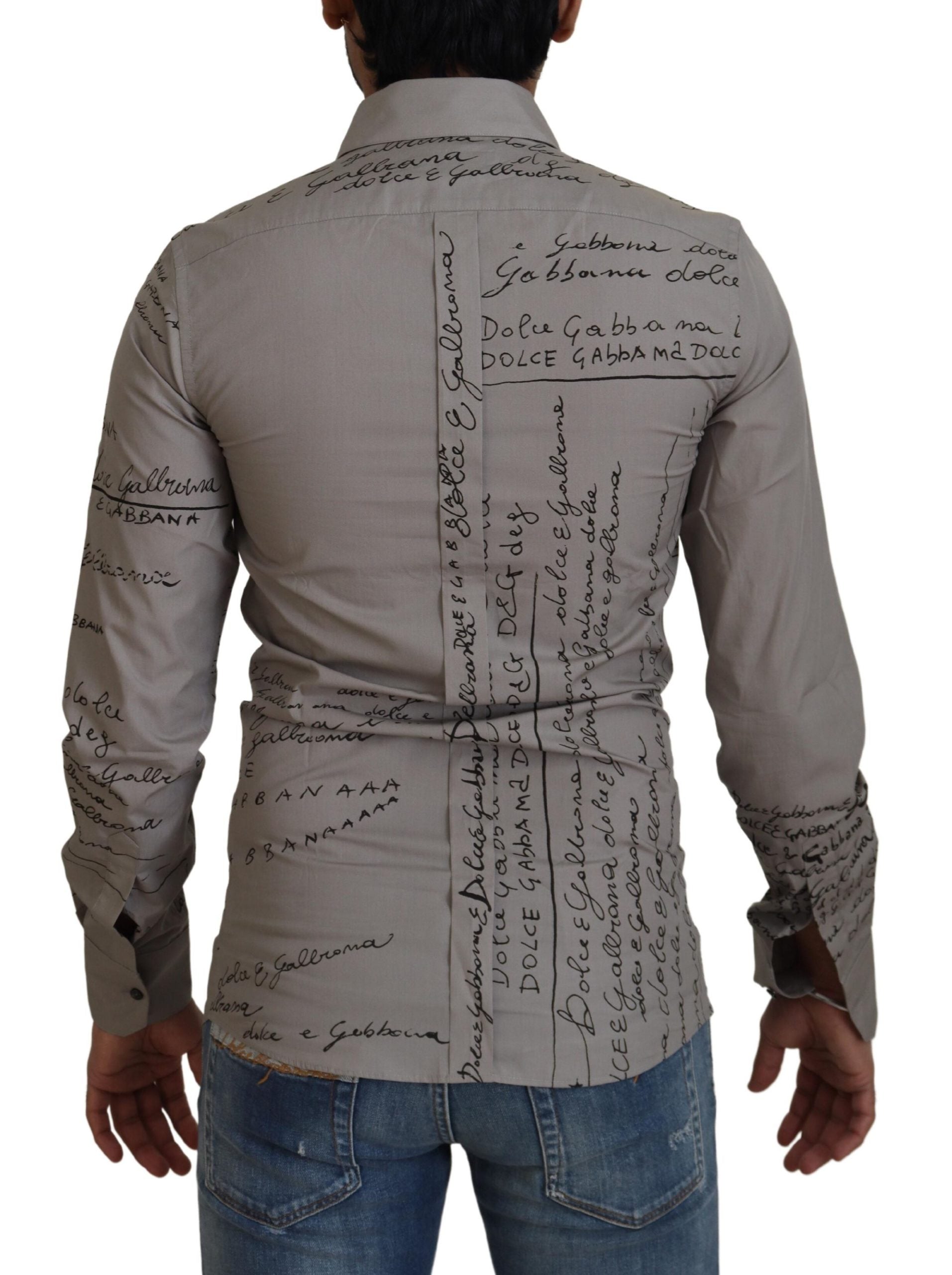 Dolce & Gabbana Graues bedrucktes schmales Baumwollhemd GOLD