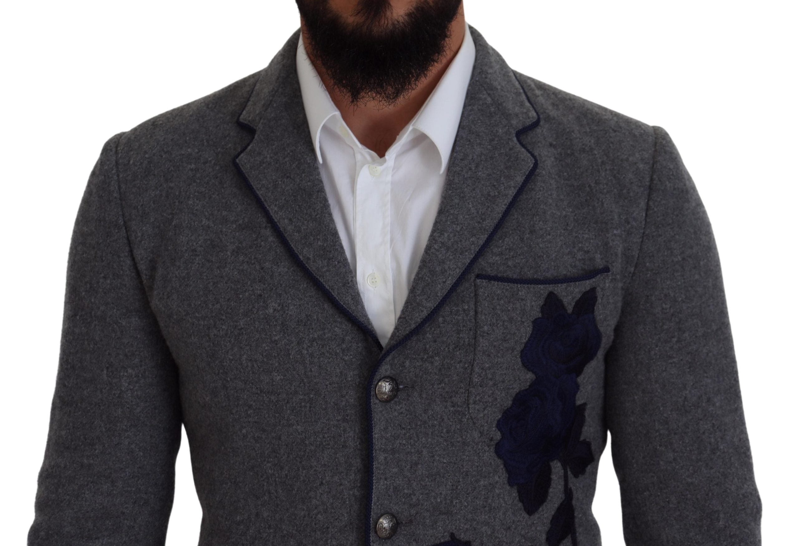 Dolce & Gabbana Graue Wolle Rosen Slim Fit Jacke Blazer