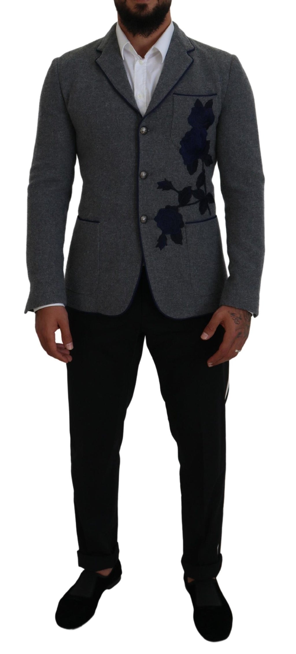 Dolce & Gabbana Graue Wolle Rosen Slim Fit Jacke Blazer