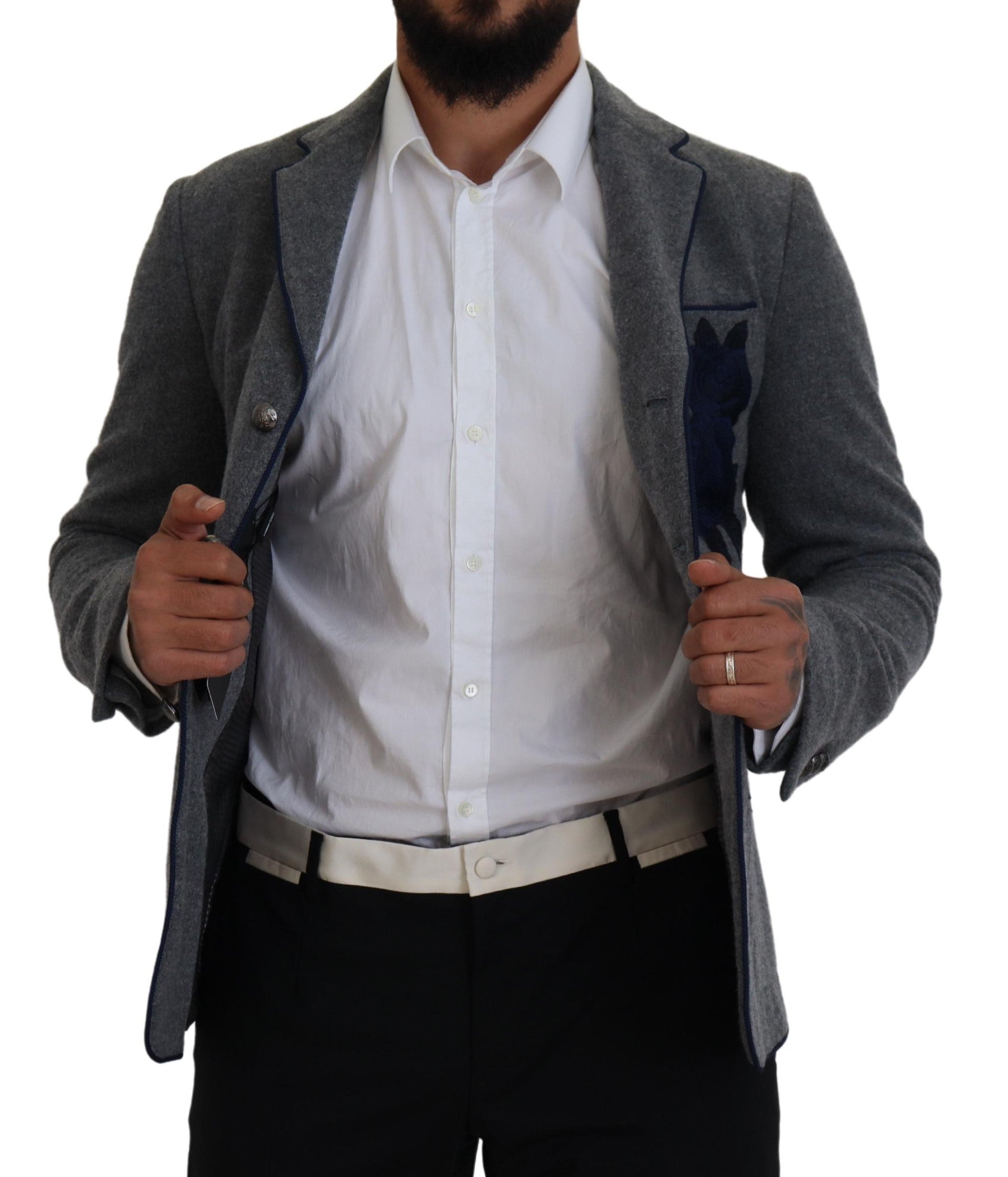 Dolce & Gabbana Graue Wolle Rosen Slim Fit Jacke Blazer