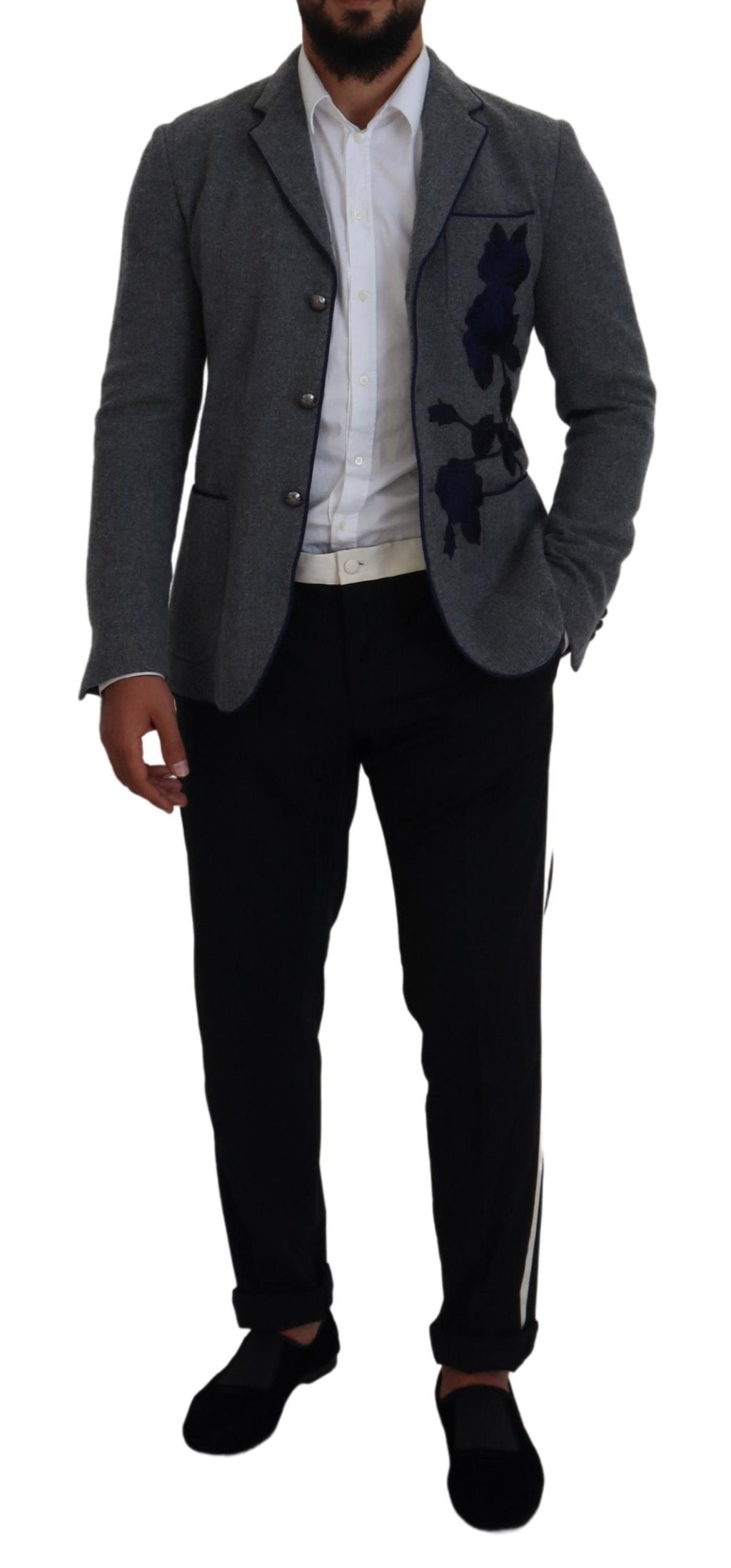 Dolce & Gabbana Graue Wolle Rosen Slim Fit Jacke Blazer
